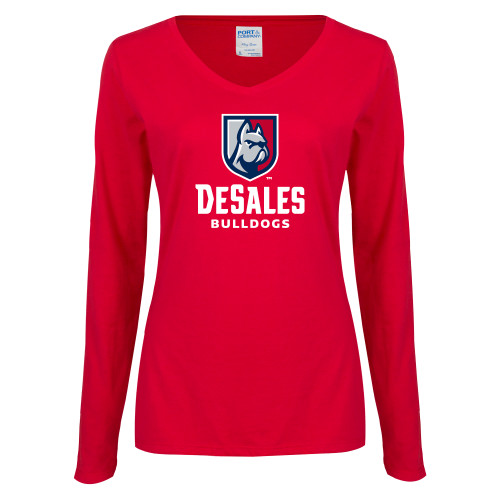  Womens Red Long Sleeve V Neck Tee - Primary Logo