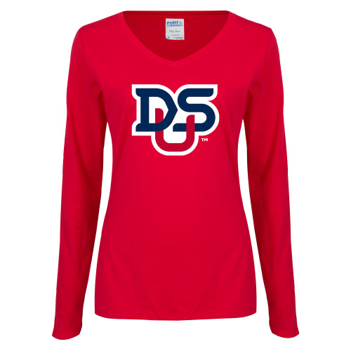  Womens Red Long Sleeve V Neck Tee - DSU Ligature