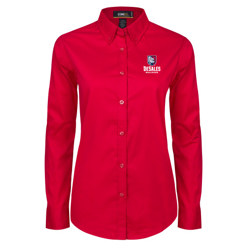  Womens Red Twill Button Down Long Sleeve  - Primary Logo