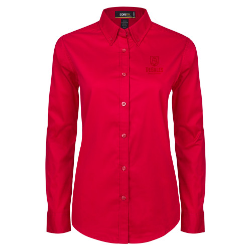  Womens Red Twill Button Down Long Sleeve  - Primary Logo