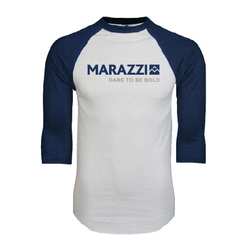 White/Navy Raglan Baseball T Shirt-Marazzi Logo w/Tagline