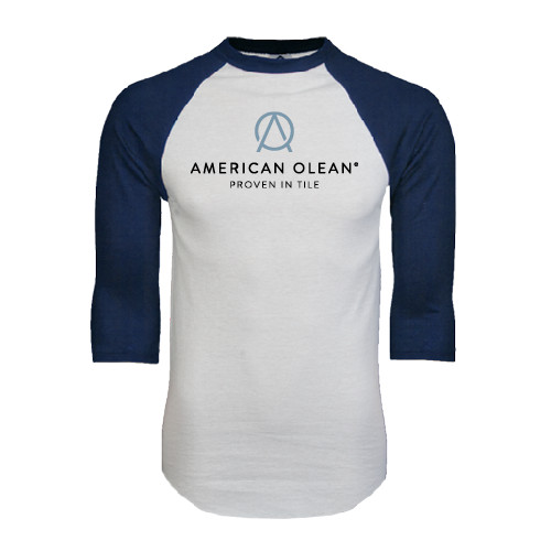 White/Navy Raglan Baseball T Shirt-American Olean w/Tagline