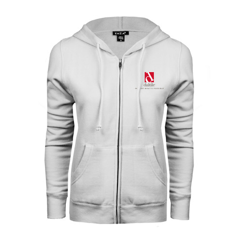 ENZA Womens White Fleece Full Zip Hoodie-Daltile Stacked Logo w/Tagline