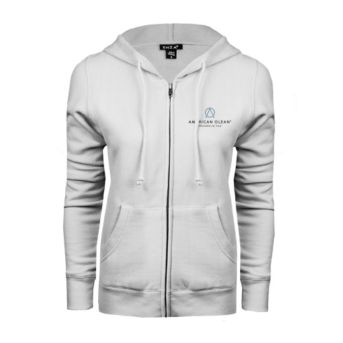ENZA Womens White Fleece Full Zip Hoodie-American Olean w/Tagline