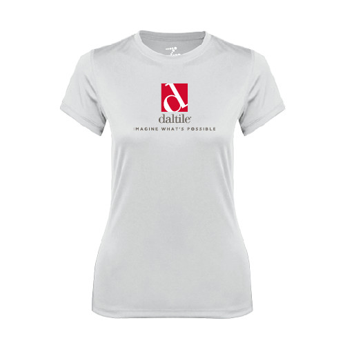 Womens White Performance Tee-Daltile Stacked Logo w/Tagline
