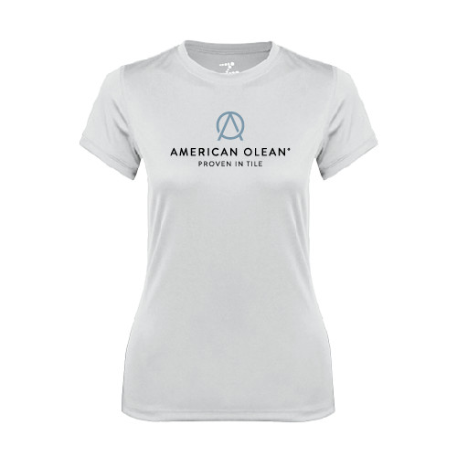 Womens White Performance Tee-American Olean w/Tagline