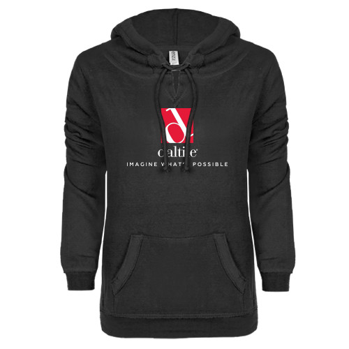 ENZA Womens Black V Notch Raw Edge Fleece Hoodie-Daltile Stacked Logo w/Tagline