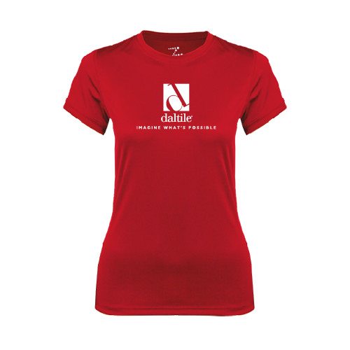 Womens Red Performance Tee-Daltile Stacked Logo w/Tagline