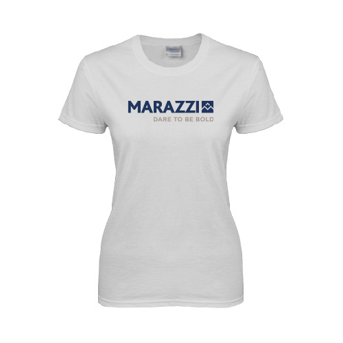 Womens White Short Sleeve Tee-Marazzi Logo w/Tagline