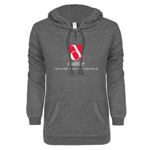 ENZA Womens Dark Heather V Notch Raw Edge Fleece Hoodie-Daltile Stacked Logo w/Tagline