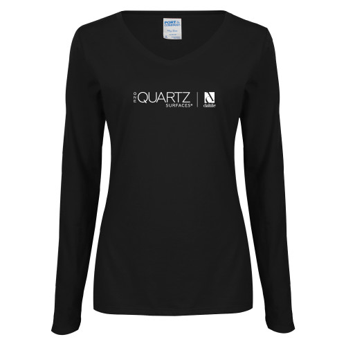 Womens Black Long Sleeve V Neck Tee -ONE Quartz Horizontal