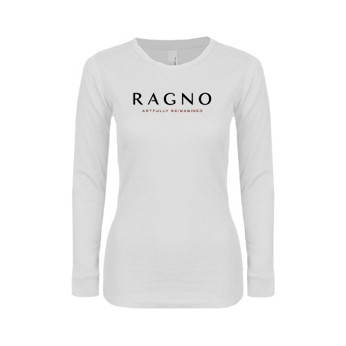 Womens White Long Sleeve V Neck Tee-Ragno w/Tagline