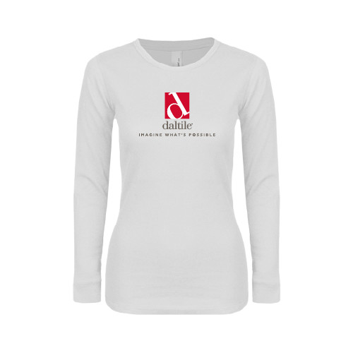 Womens White Long Sleeve V Neck Tee-Daltile Stacked Logo w/Tagline