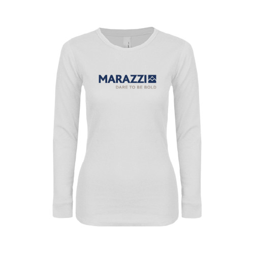 Womens White Long Sleeve V Neck Tee-Marazzi Logo w/Tagline