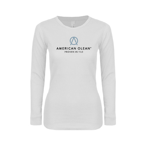 Womens White Long Sleeve V Neck Tee-American Olean w/Tagline