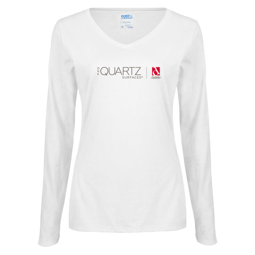 Womens White Long Sleeve V Neck Tee-ONE Quartz Horizontal