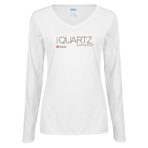 Womens White Long Sleeve V Neck Tee-ONE Quartz Vertical