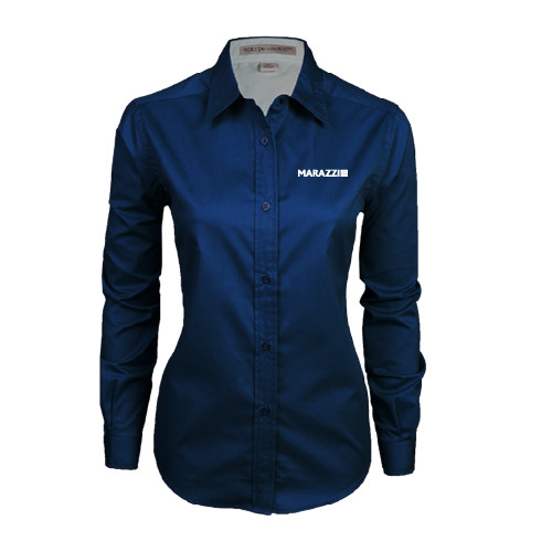 Womens Navy Twill Button Down Long Sleeve -Marazzi