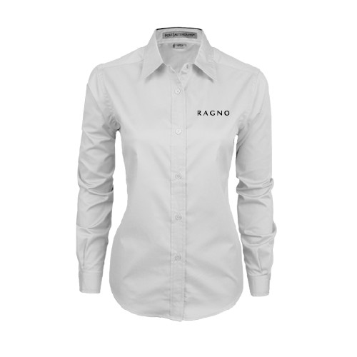 Womens White Twill Button Down Long Sleeve-Ragno
