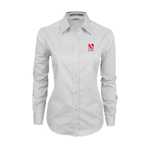 Womens White Twill Button Down Long Sleeve-Daltile Stacked Logo
