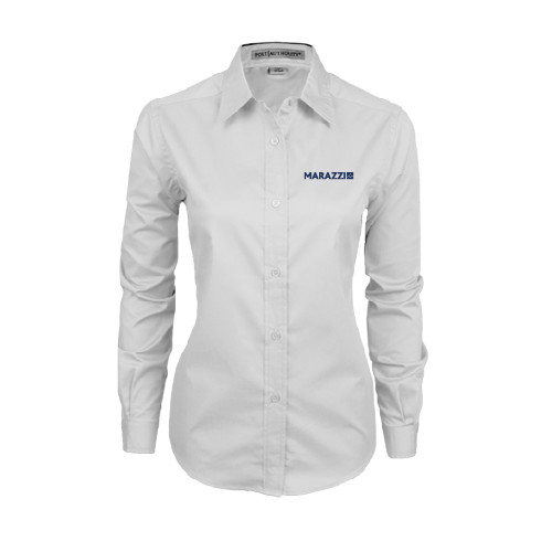 Womens White Twill Button Down Long Sleeve-Marazzi