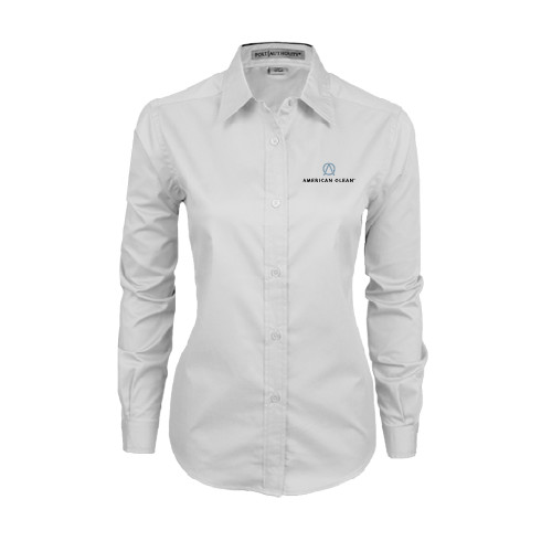 Womens White Twill Button Down Long Sleeve-American Olean