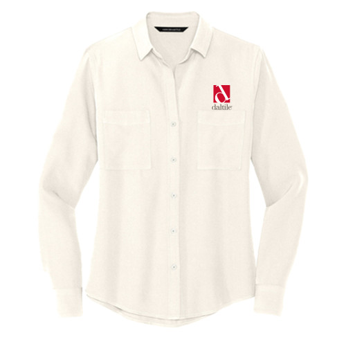 Mercer + Mettle Womens Ivory Crepe Long Sleeve Camp Blouse-Daltile Stacked Logo