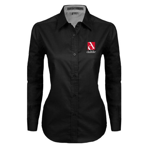 Womens Black Twill Button Down Long Sleeve -Daltile Stacked Logo