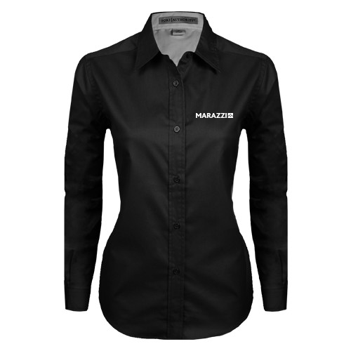 Womens Black Twill Button Down Long Sleeve -Marazzi