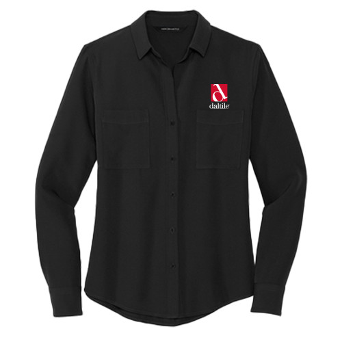 Mercer + Mettle Womens Black Crepe Long Sleeve Camp Blouse-Daltile Stacked Logo