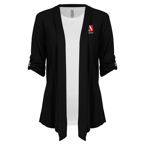 Womens Black Drape Front Cardigan Sweater-Daltile Stacked Logo