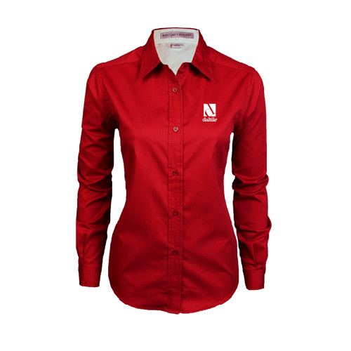 Womens Red Twill Button Down Long Sleeve -Daltile Stacked Logo