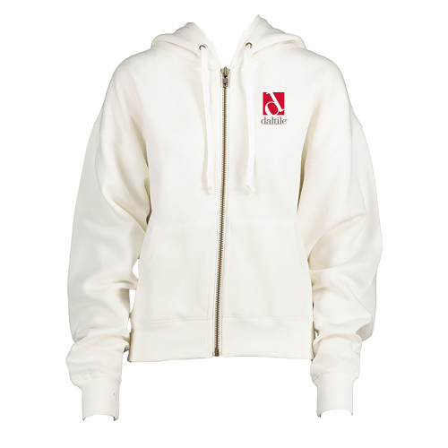 ENZA Womens White Boxy Full Zip Hood-Daltile Stacked Logo