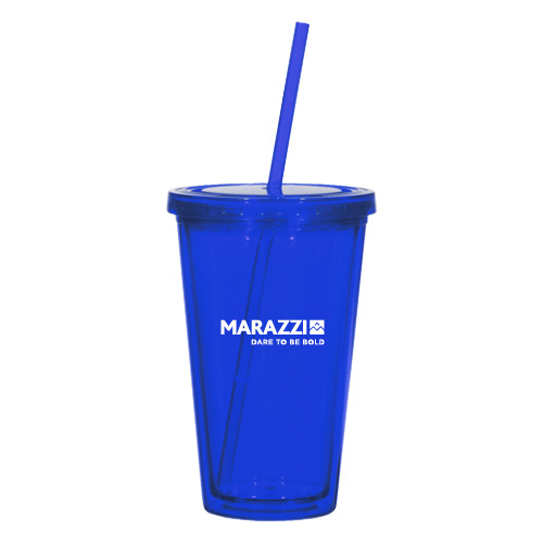 Madison Double Wall Blue Tumbler w/Straw 16oz-Marazzi Logo w/Tagline
