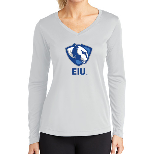  Womens White Performance Long Sleeve V Neck Shirt - Eastern Illinois Secondary