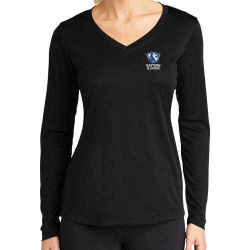  Womens Black Performance Long Sleeve V Neck Shirt - EIU Primary Logo