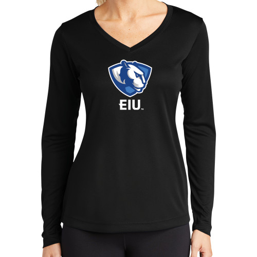  Womens Black Performance Long Sleeve V Neck Shirt - Eastern Illinois Secondary