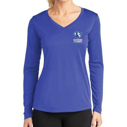  Womens Royal Performance Long Sleeve V Neck Shirt - EIU Primary Logo