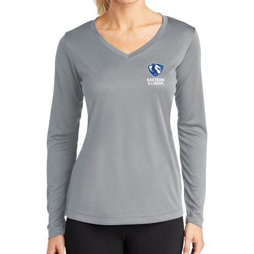  Womens Grey Performance Long Sleeve V Neck Shirt - EIU Primary Logo