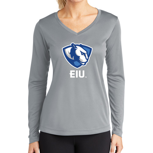  Womens Grey Performance Long Sleeve V Neck Shirt - Eastern Illinois Secondary