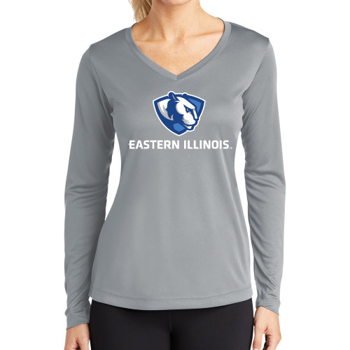  Womens Grey Performance Long Sleeve V Neck Shirt - Eastern Illinois Logo