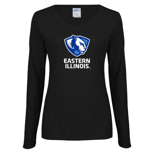  Womens Black Long Sleeve V Neck Tee  - EIU Primary Logo