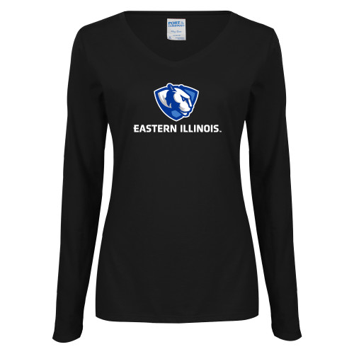  Womens Black Long Sleeve V Neck Tee  - Eastern Illinois Logo