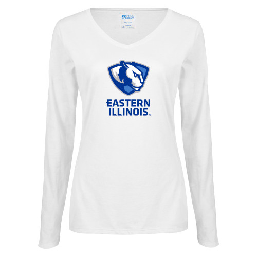  Womens White Long Sleeve V Neck Tee - EIU Primary Logo