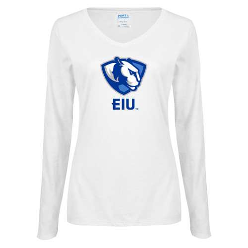  Womens White Long Sleeve V Neck Tee - Eastern Illinois Secondary