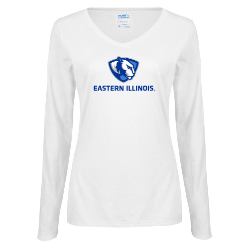  Womens White Long Sleeve V Neck Tee - Eastern Illinois Logo