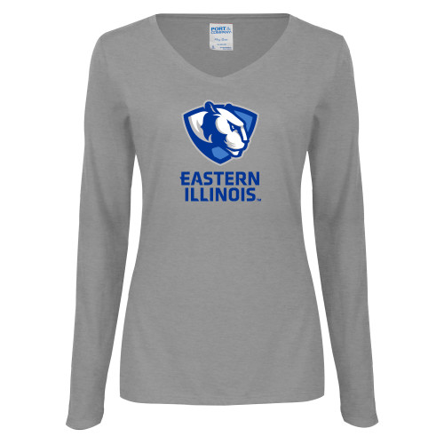  Womens Grey Long Sleeve V Neck Tee  - EIU Primary Logo