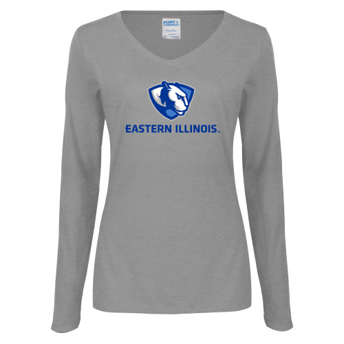 Womens Grey Long Sleeve V Neck Tee  - Eastern Illinois Logo