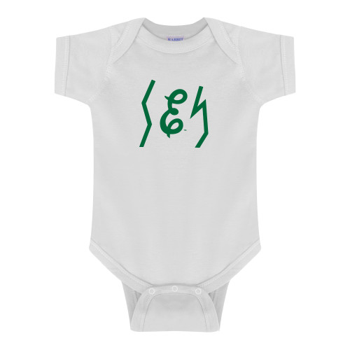  White Infant Onesie - Eastern Michigan Secondary Athletic Mark Script E
