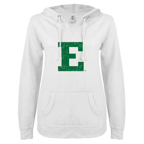  ENZA Womens White V Notch Raw Edge Fleece Hoodie - Eastern Michigan Athletic Mark Distressed